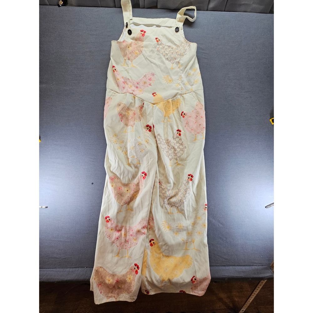 Pastel Chicken Print Wide Leg Overalls Cream Floral Hen Cottagecore Jumpsuit